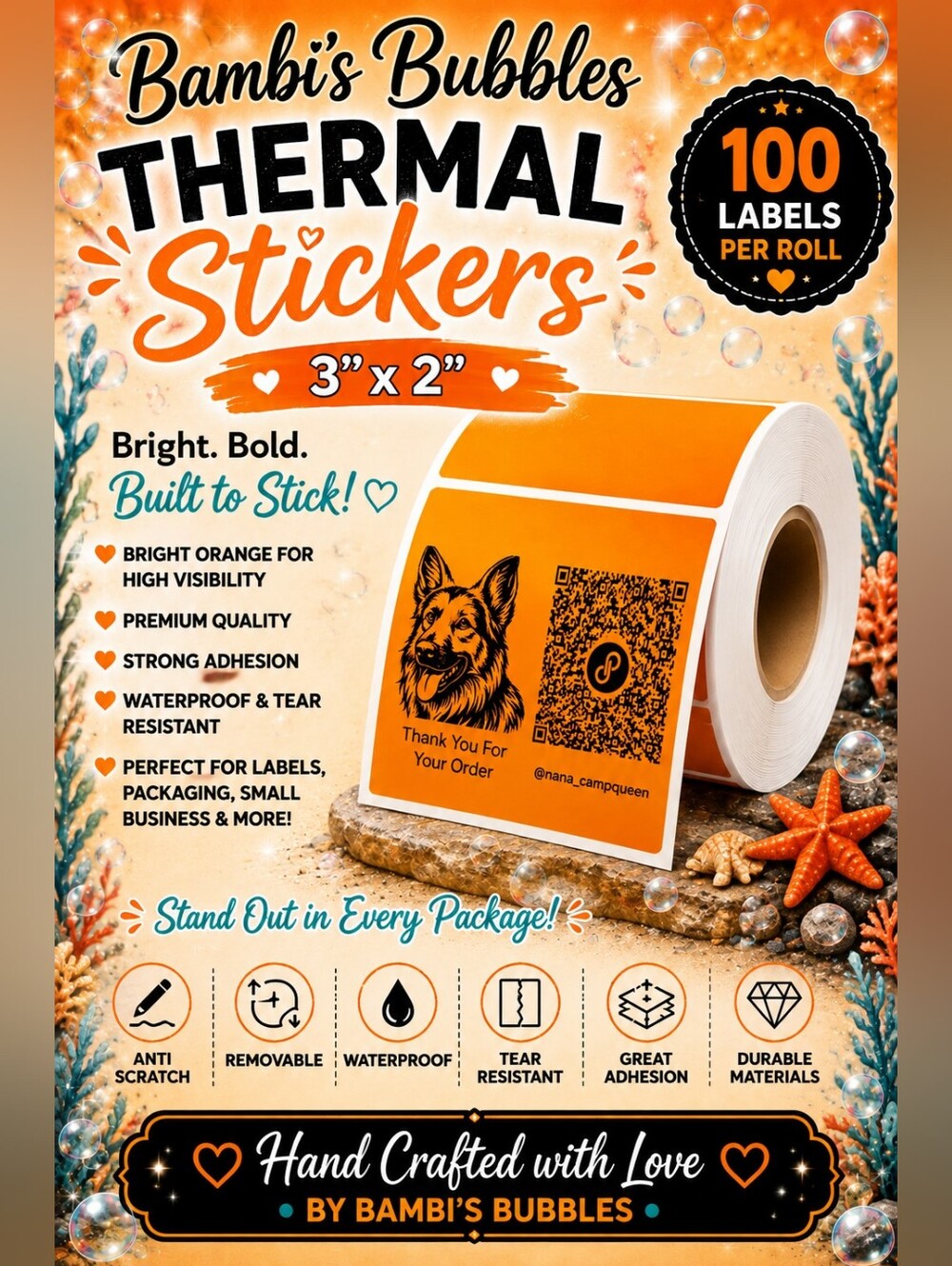 Bambi's Bubbles Bright Orange Thermal Sticker Roll - 3" x 2" 100 Count